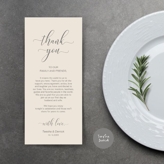 Merci de réglage, Elégante carte gris crème (Wedding Dinner Place Setting Thank You Card, Modern Classy Design, Grey and Cream)