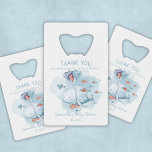 Merci d'invité du Baby shower de baleines sur mesu<br><div class="desc">Personnalisé baby shower de baleines invités merci faveur ouvre-bouteille. Design mignon en bleu et blanc,  entièrement modifiable avec un message (merci d'avoir pris un bain d'amour dans l'exemple),  le nom de la mère à être,  et la date de la fête.</div>