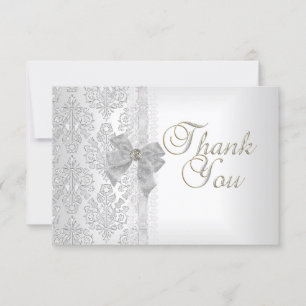 Merci Élégant Mariage Damassé Blanc Ruban Argent