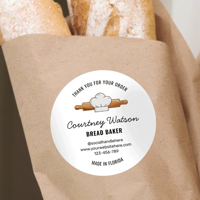 Merci Étiquette de boulangerie de pain (Bread bakery contact details product label with rolling pin and chef hat illustrations)