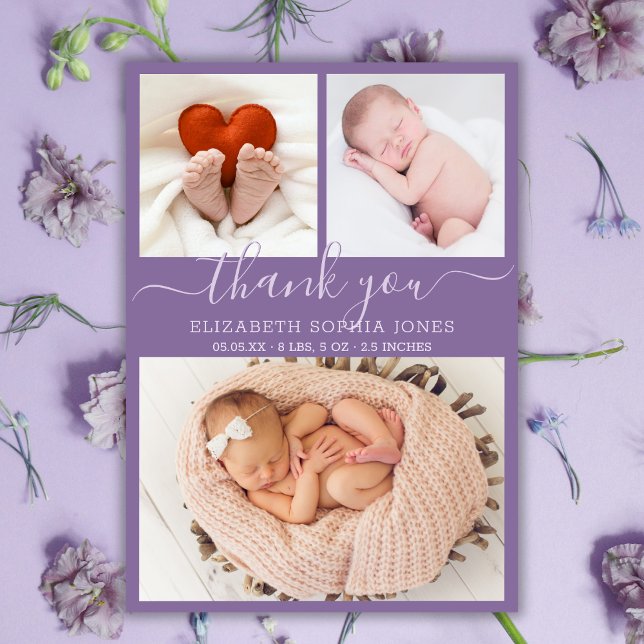 Merci Faire-part de naissance violet photo Collage (Créateur téléchargé)