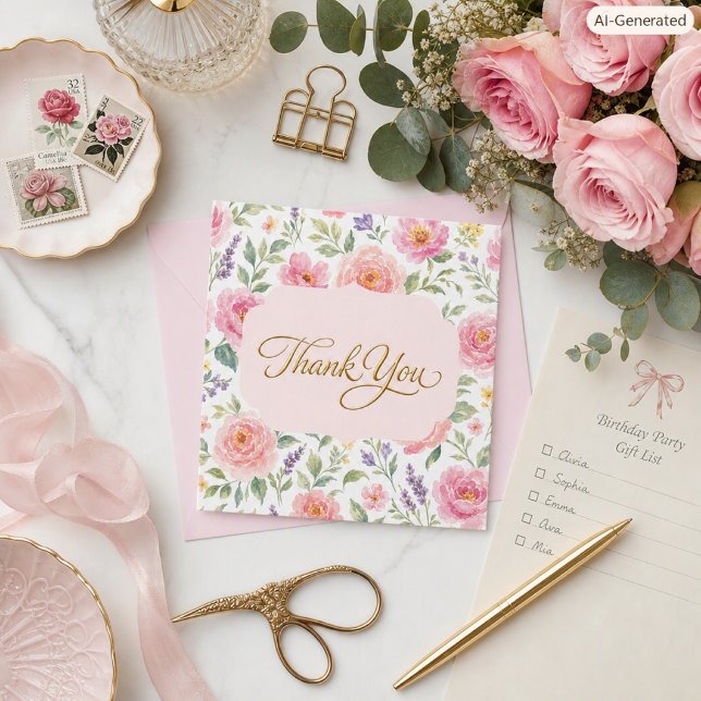  Merci Féminin Rose Floral Script Doré  (Créateur téléchargé)