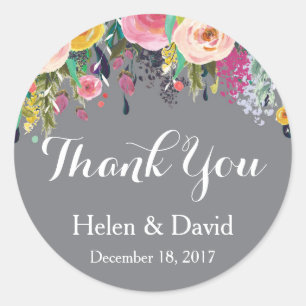 Merci Floral Mariage Favoriser Stickers Gris