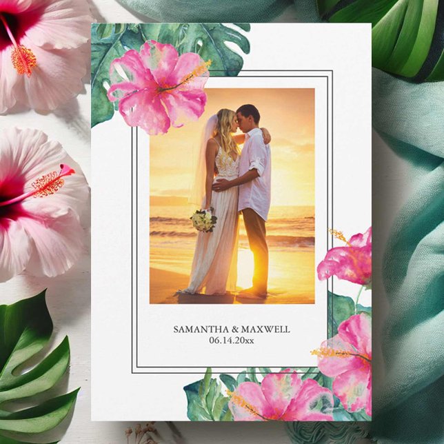 Merci Mariage de mariée et de mariée tropicale (Tropical wedding thank you card watercolor hibiscus flowers and palm leaves by Victoria Grigaliunas)