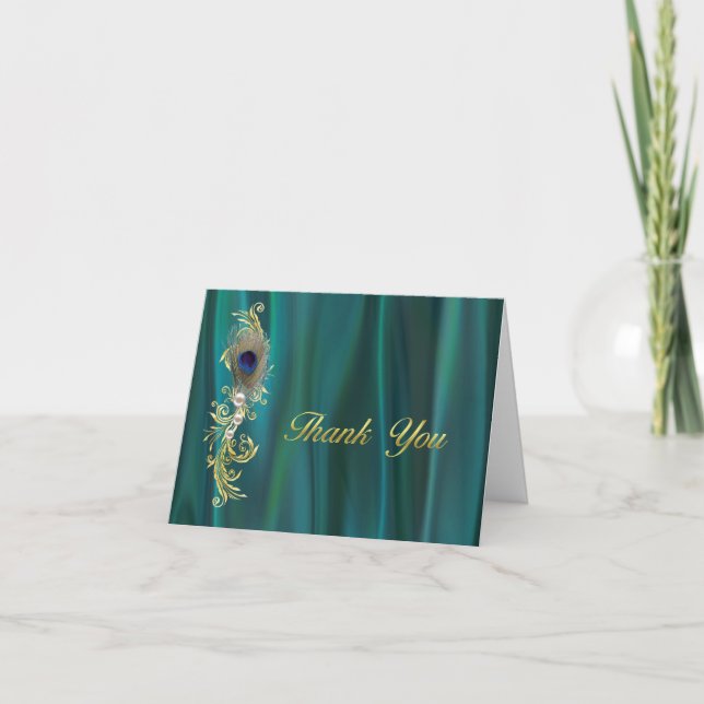 Merci Mariage en satin turquoise et plumes de paon (Devant)