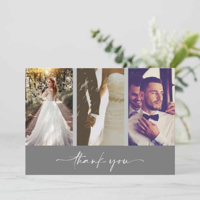 Merci Mariage moderne à trois photos gris (Debout devant)