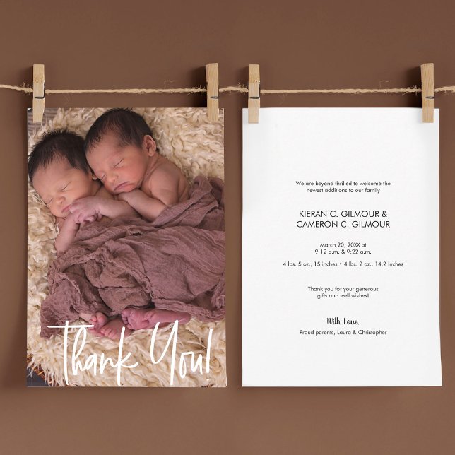Merci moderne Twin Baby Photo personnalisée (modern baby twins photo announcement thank you cards)