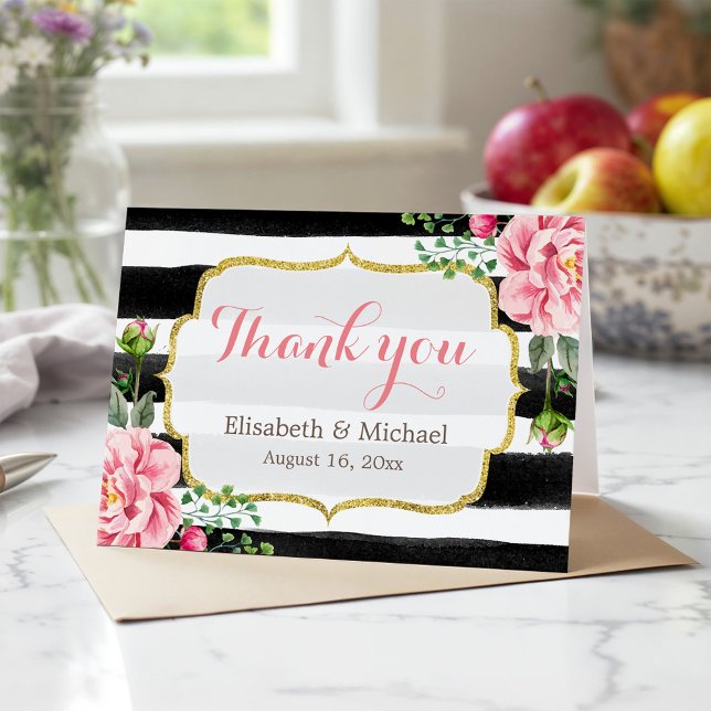 Merci Or Paillettes Aquarelle Fleurs Rayures (Créateur téléchargé)