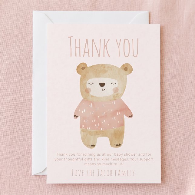 Merci Ourson rose Douche Mignon  (Bear Baby pink Shower Cute thank you Card.)