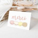 Merci Pastel French Macarons Merci<br><div class="desc">Dites merci en français avec ces cartes de notes douces ! Les cartes blanches comportent une rangée de quatre délicieux macarons français dans les tons pastel d'ivoire, rose, jaune et bronzé, et "Merci" en écriture manuscrite peachy rose. Cliquez à l'intérieur pour votre message ou utilisez le bouton "Customiser" pour imprimer...</div>