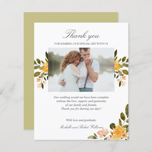 Merci photo à fleurs jaune et vert Mariage (Devant / Derrière)
