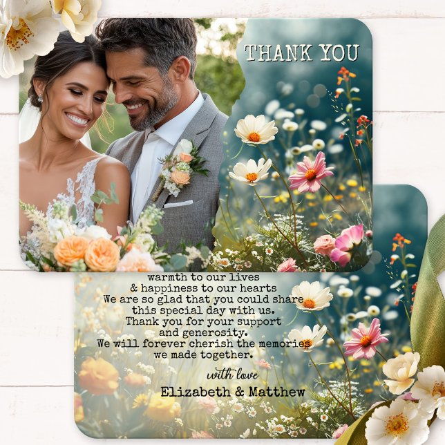 Merci photo Fleur sauvage Boho Mariage (Wedding Thank You card featuring your custom photo framed by a bohemian design with wildflowers.)