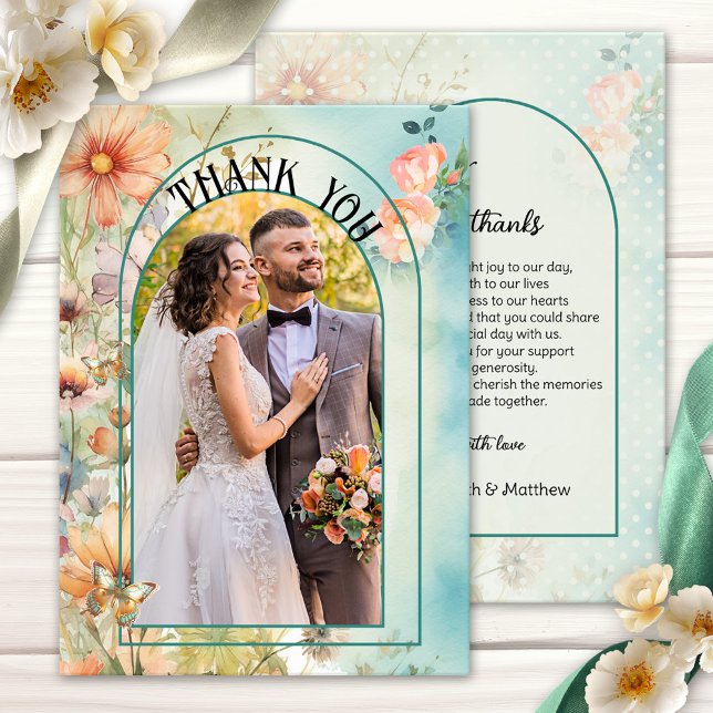 Merci photo Mariage fleur sauvage (Wedding Thank You card featuring your photo framed by a boho chic design with watercolor wildflowers)