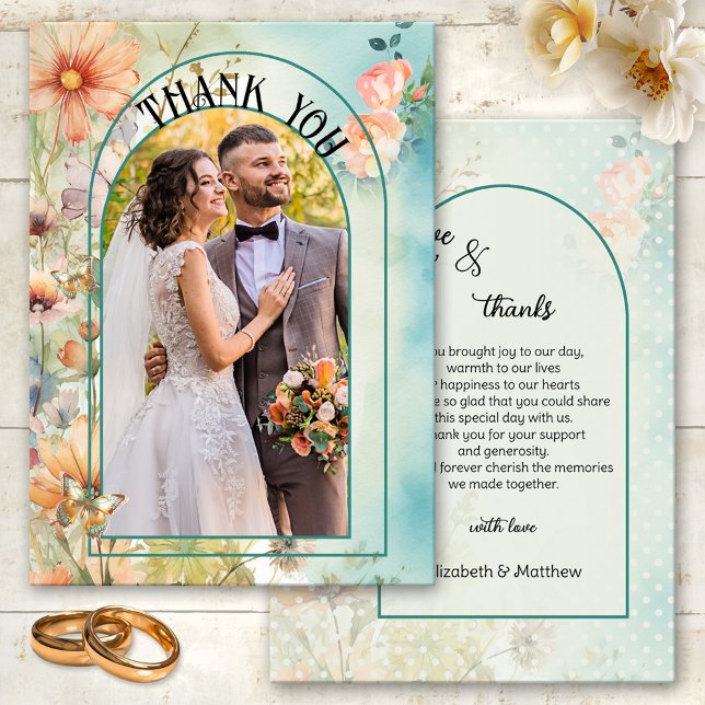 Merci photo Mariage fleur sauvage (Wedding Thank You card featuring your photo framed by a boho chic design with watercolor wildflowers)