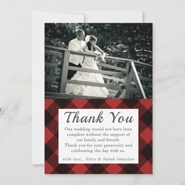 Merci photo Mariage rustique plaqué Tartan rouge (Devant)