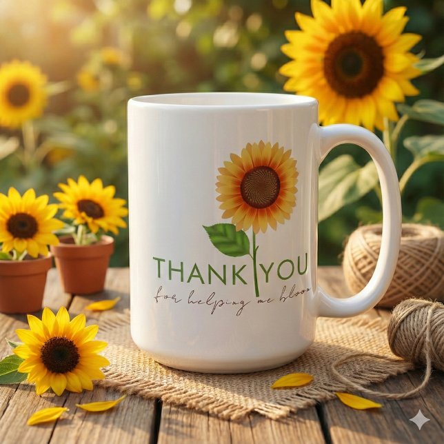 Merci Pour M'Aider À Bloom Mug (Thank someone special with this, "Thank you for helping me bloom" sunflower mug! )