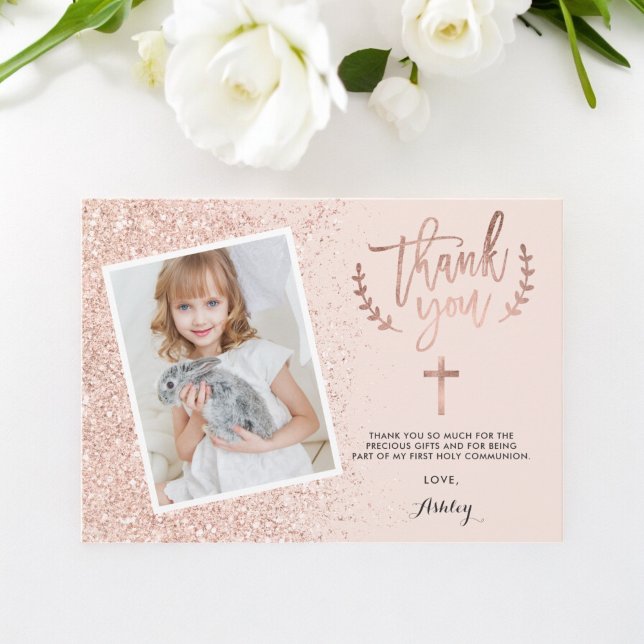 merci premier Rose or parties scintillant communio (thank you first Rose gold glitter communion photo)