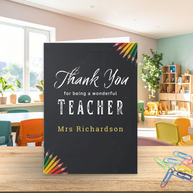 Merci Professeur Tableau Craies Personnalisé (A thank you card for a teacher, with chalkboard design and personalized name)
