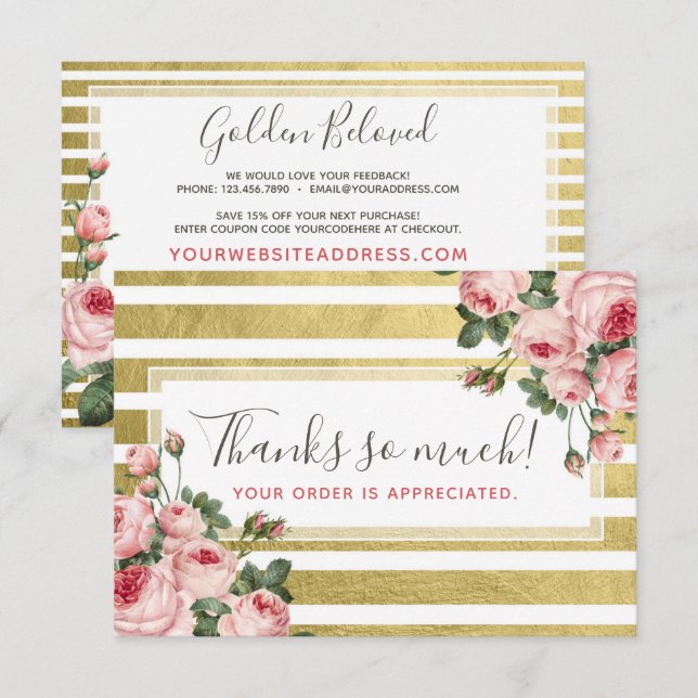 Merci Shabby Chic Roses Vintages & Carte Or (Devant / Derrière)