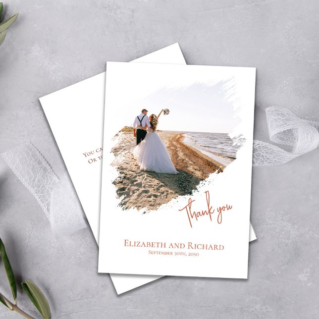 Merci simple Mariage photo personnalisé (Elegant photo with brush stroke effects wedding thank you card.)