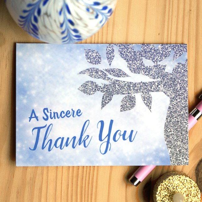 Merci Sincère Bleu Épais (Blue and silver glitter tree of life thank you card for bat mitzvah guests)