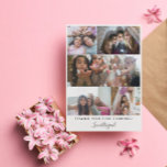 Merci Sleepover Girl's Party Photo Collage<br><div class="desc">Carte de remerciements imprimé avec un collage photo de cinq photos de votre sommeil ou fête d'anniversaire. Merci d'être venu en lettres nettes. Amour, ton nom dans un joli script. Le dos est composé de pois roses et blancs. Fête d'anniversaire de la fille, merci cartes personnalisées avec des photos de...</div>