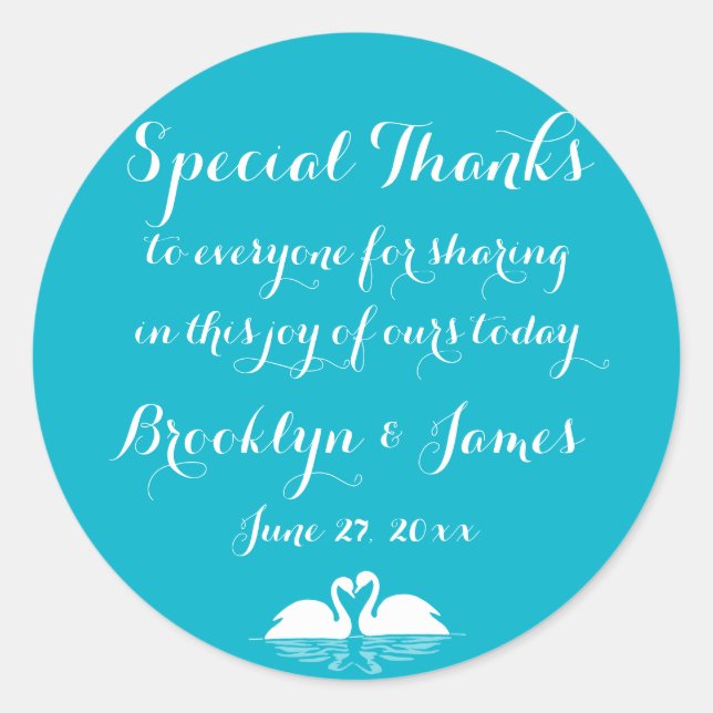 Merci Stickers Mariage Blanc Bleu Avec Cygnes (Devant)
