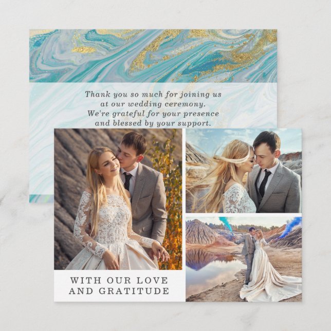 Merci Turquoise & Gold Marble Carte photo (Devant / Derrière)