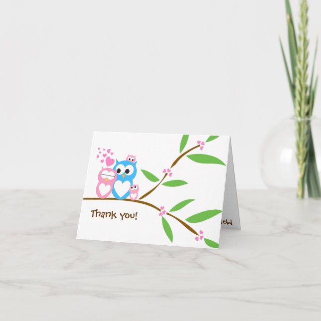 Merci Twin Baby Girl Owl Baby shower Note Card (Devant)