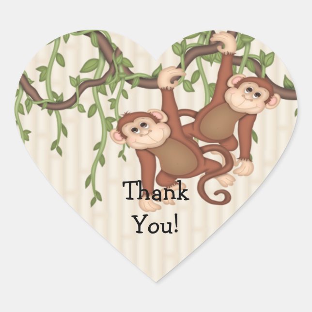 Merci Twin Monkeys Baby shower Coeur Sticker (Devant)