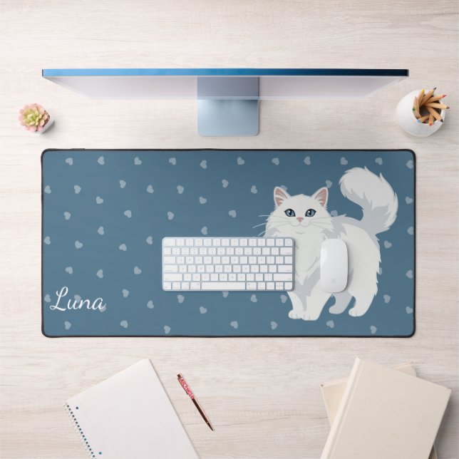 Mère de chat blanc aux cheveux longs personnalisée (Bureau 1)