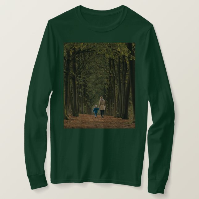 Mère Enfant Marcher Dans La Forêt Vert T-shirt (Design devant)