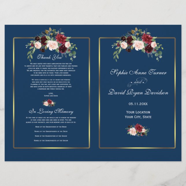 Merlot Floral Navy Blue Gold Frame Wedding Program (Devant)