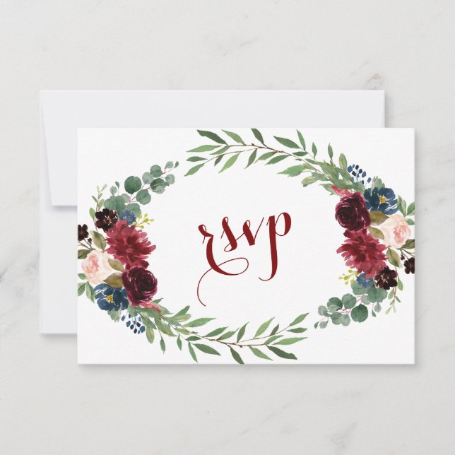 Merlot Marine Bleu Floral Fleur Mariage RSVP (Devant)