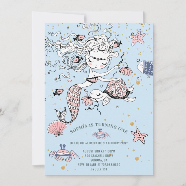 Mermaid 1er Anniversaire Fête Bleue Invitation (Devant)
