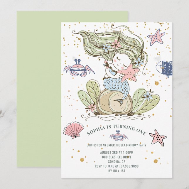 Mermaid 1er anniversaire fête Green Invitation (Devant / Derrière)
