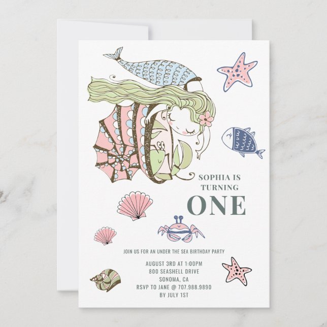 Mermaid 1er Anniversaire Fête Invitation (Devant)