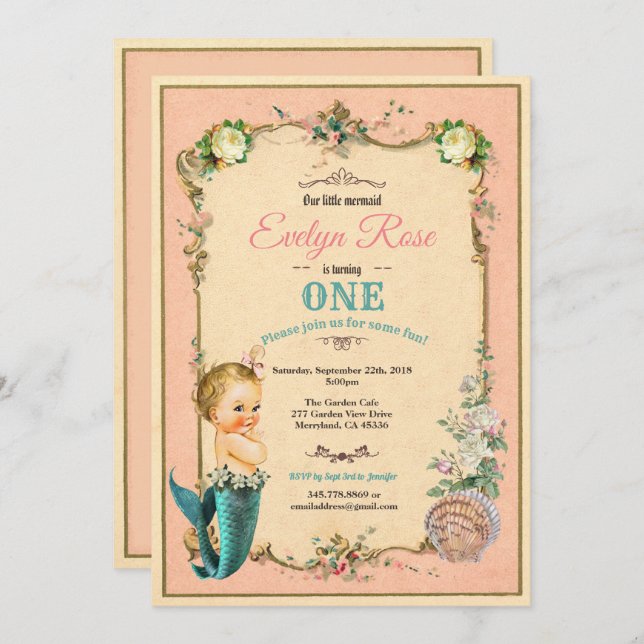 Mermaid 1er anniversaire invitation rose (Devant / Derrière)