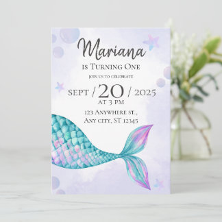 mermaid 1er anniversaire invitations fille