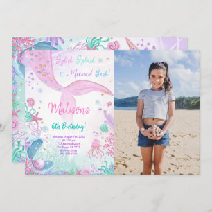 Mermaid 6e anniversaire Enfants Invitation avec ph