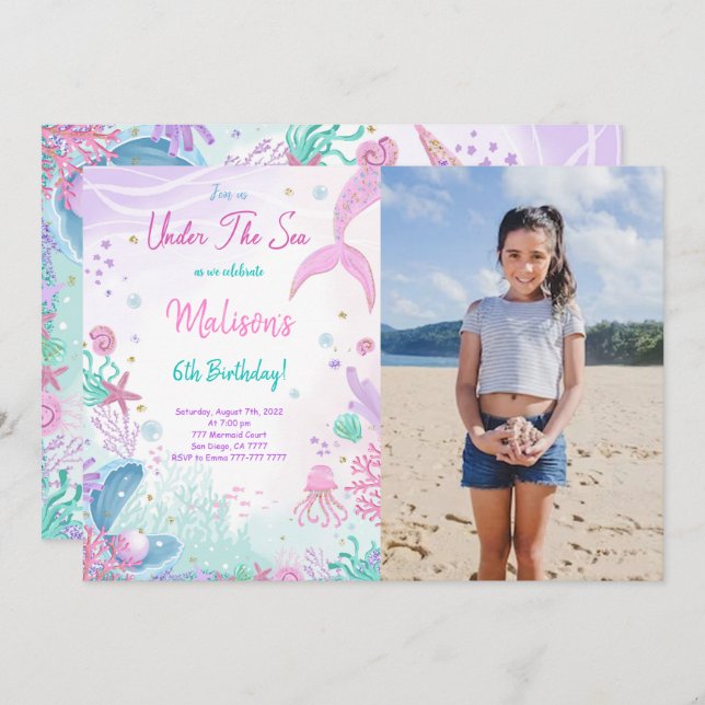 Mermaid 6e anniversaire Invitation photo (Devant / Derrière)