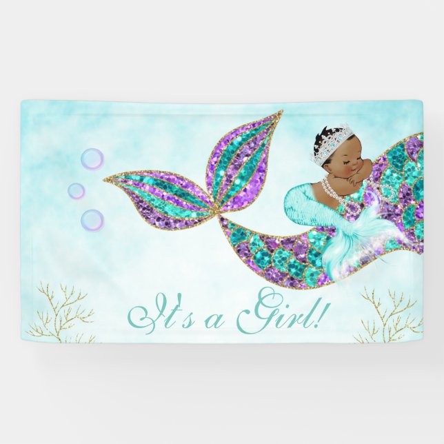 Mermaid Anniversaire Bannière Afro-Américaine (Horizontal)