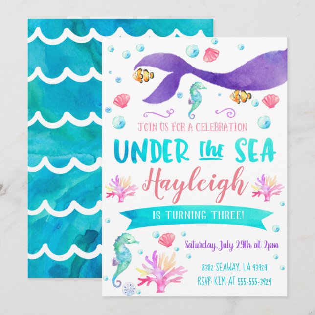 Mermaid Anniversaire Fête Invitation Mermaid (Devant / Derrière)