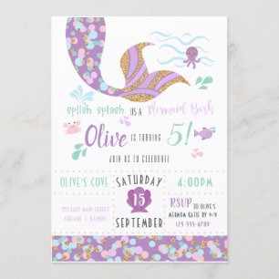 Mermaid Anniversaire Fête Invitation Purple & Gold