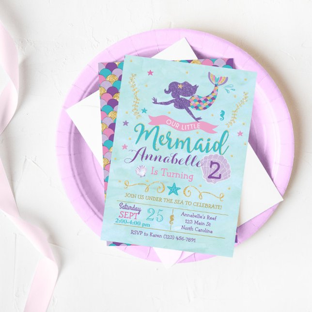 Mermaid Anniversaire Fête Invitation Purple Rose O (Créateur téléchargé)