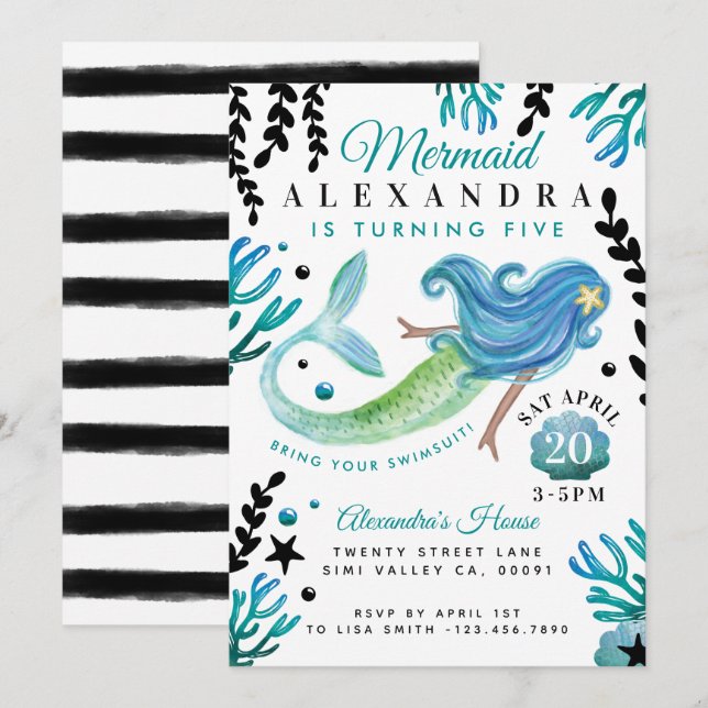 Mermaid Anniversaire Piscine Fête Invitation (Devant / Derrière)