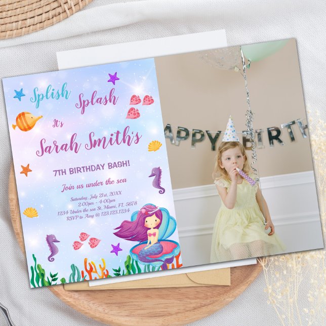 Mermaid assis sur des invitations de coquilles vio (Mermaid Sit on Purple Shell Invitations with photo)