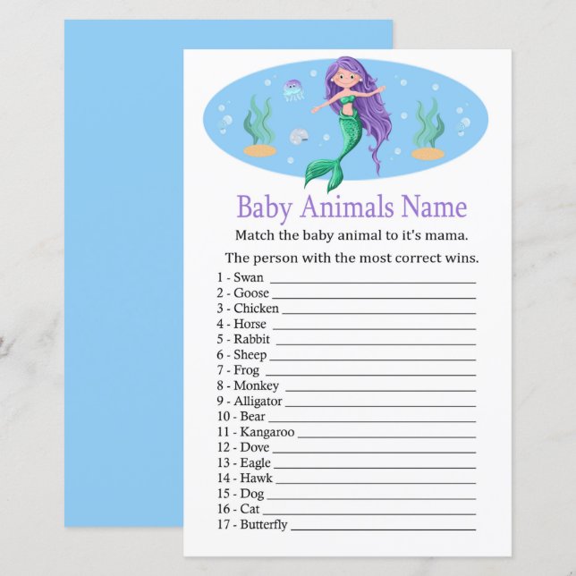 Mermaid Baby Animaux Nom Jeu (Devant / Derrière)