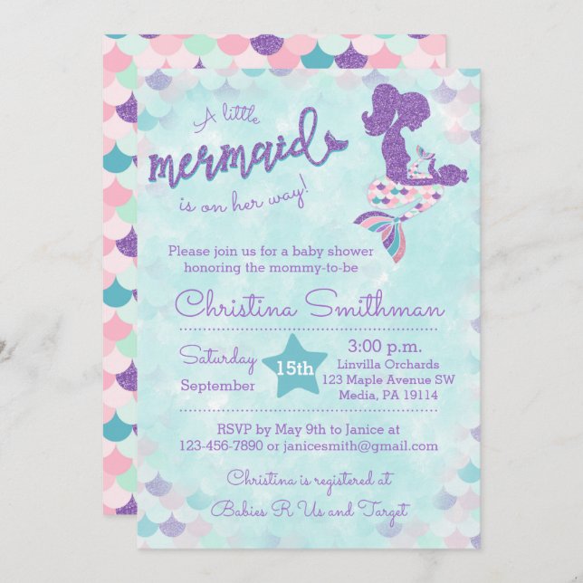 Mermaid Baby Shower Invitations for a Baby Girl (Devant / Derrière)
