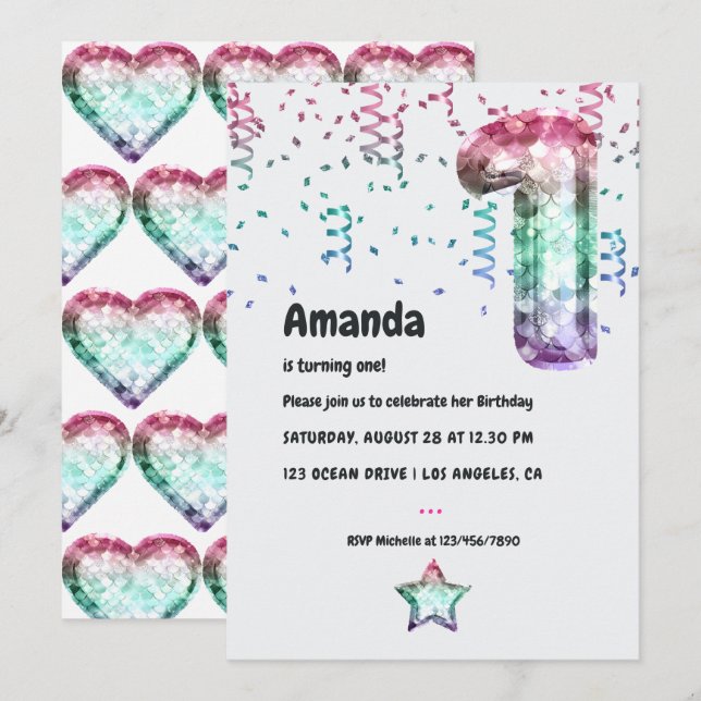 Mermaid Balloon 1er Invitation anniversaire (Devant / Derrière)
